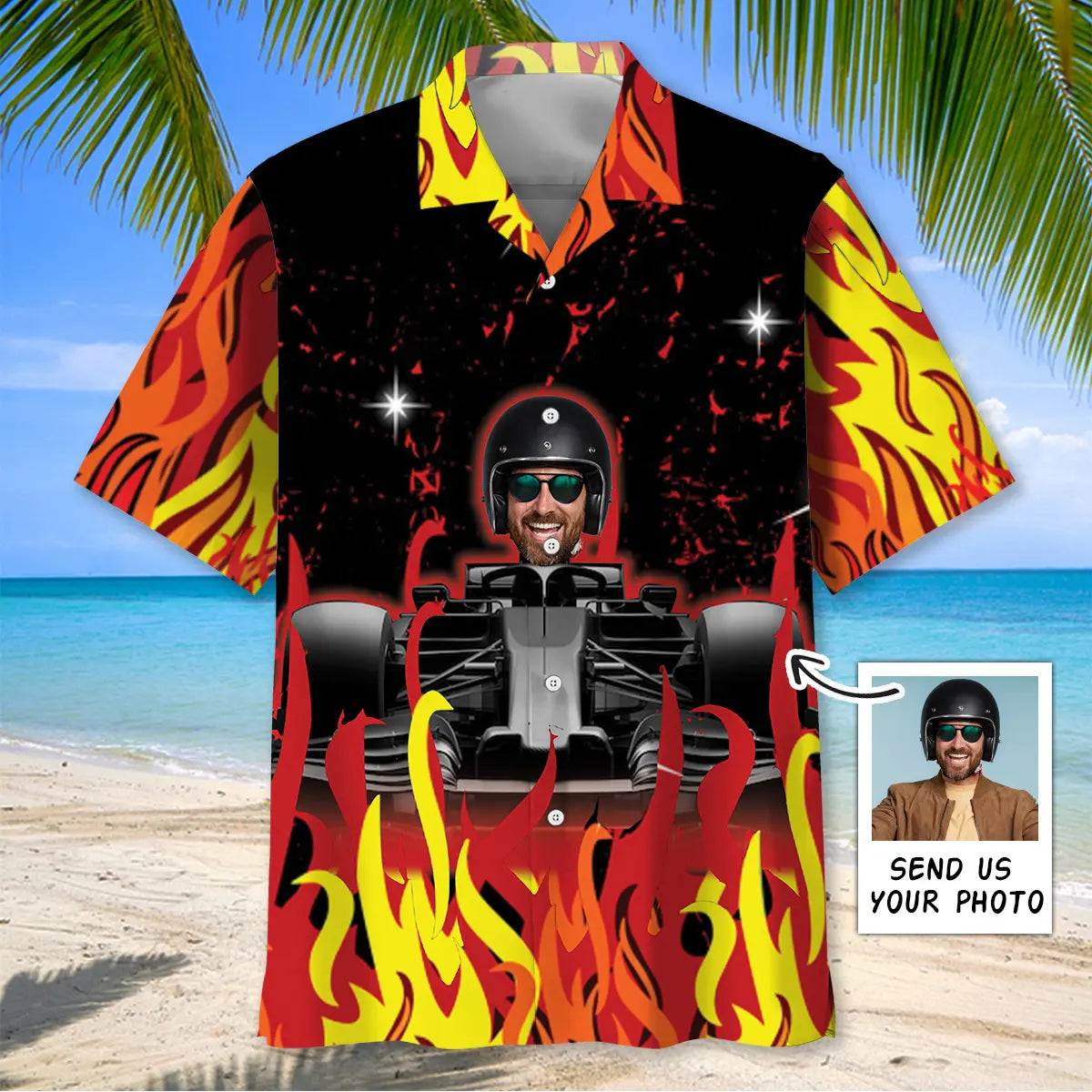 Hawaiian Shirt / Adults / S Flames F1 Racing Custom Photo Face Hawaiian Shirt