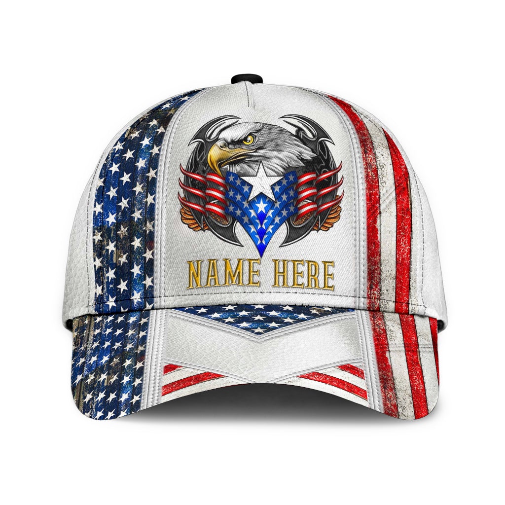 Custom Name Eagle American Flag White – Classic Cap