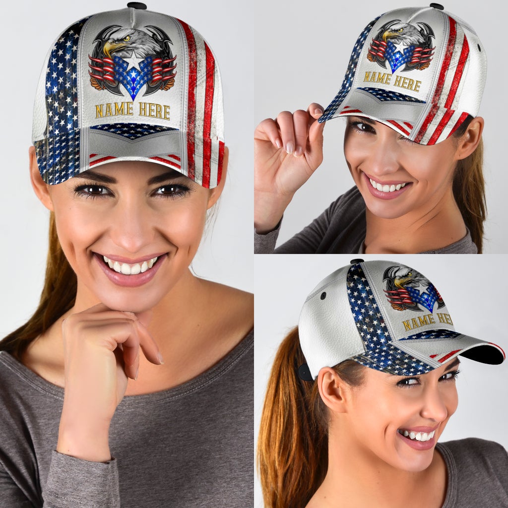 Custom Name Eagle American Flag White – Classic Cap