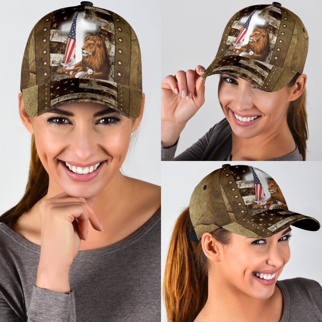 Lion Lamb Faith Cross American Flag – Classic Cap