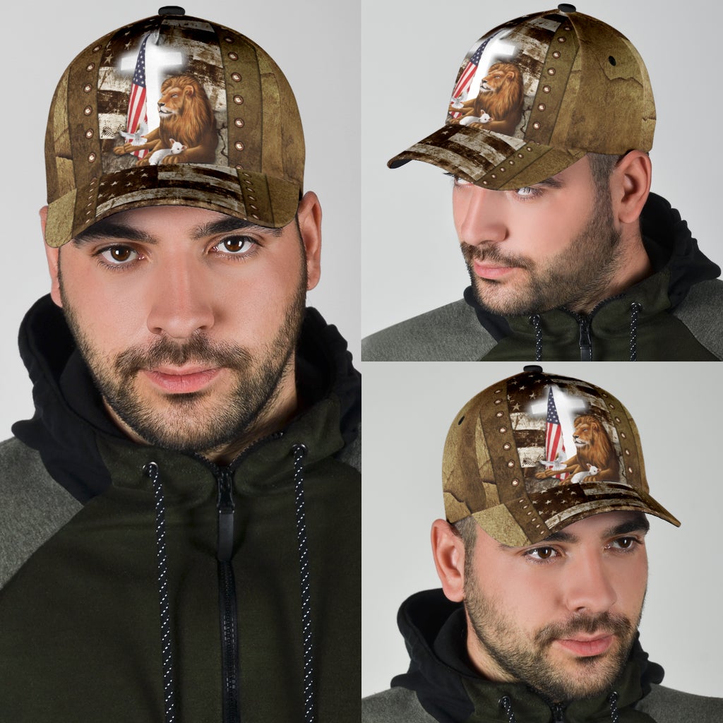 Lion Lamb Faith Cross American Flag – Classic Cap