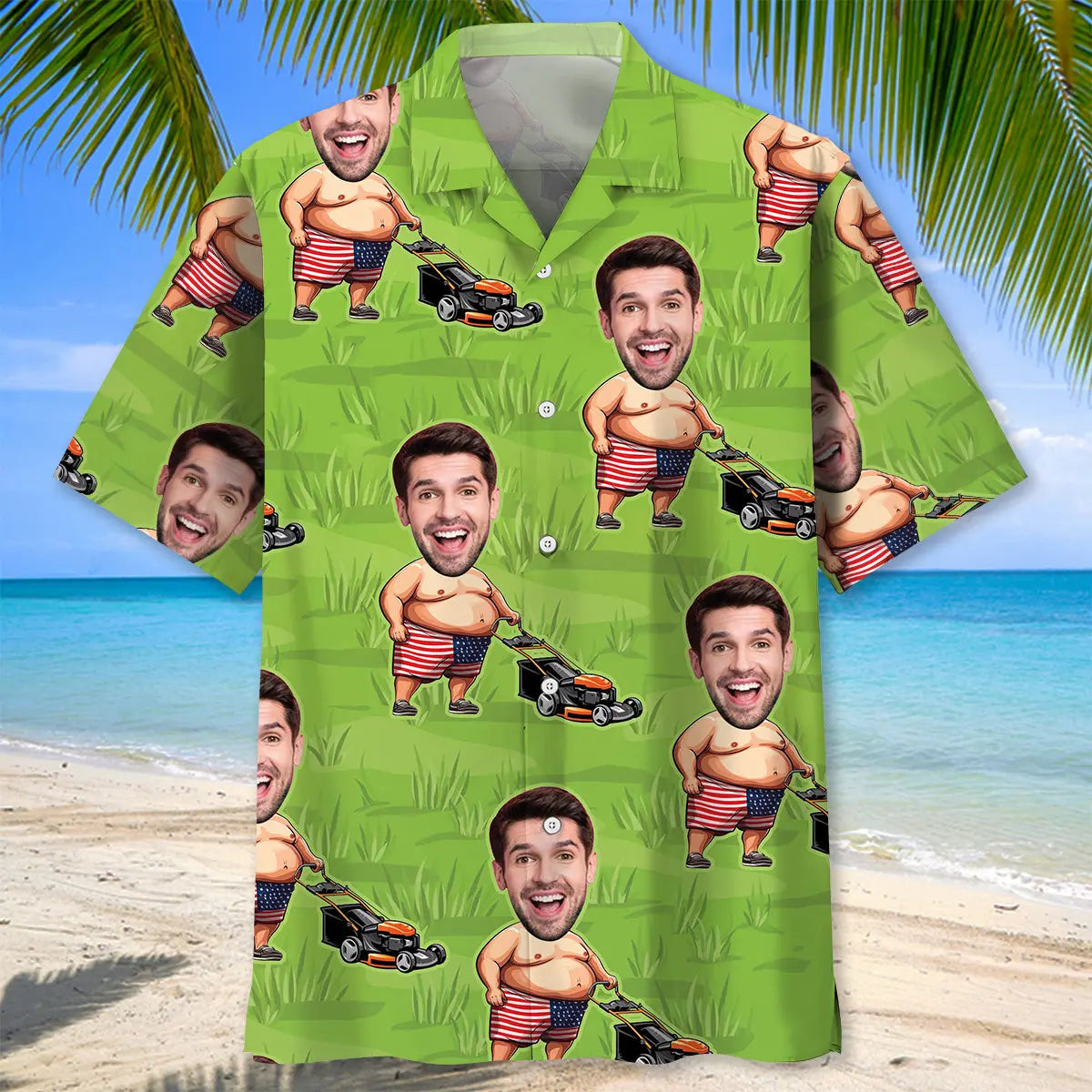Funny American Man Lawn Mower Custom Photo Face Hawaiian Shirt