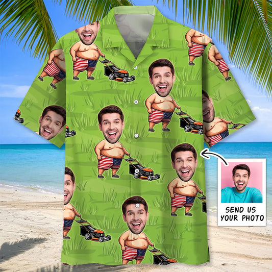 Hawaiian Shirt / Adults / S Funny American Man Lawn Mower Custom Photo Face Hawaiian Shirt
