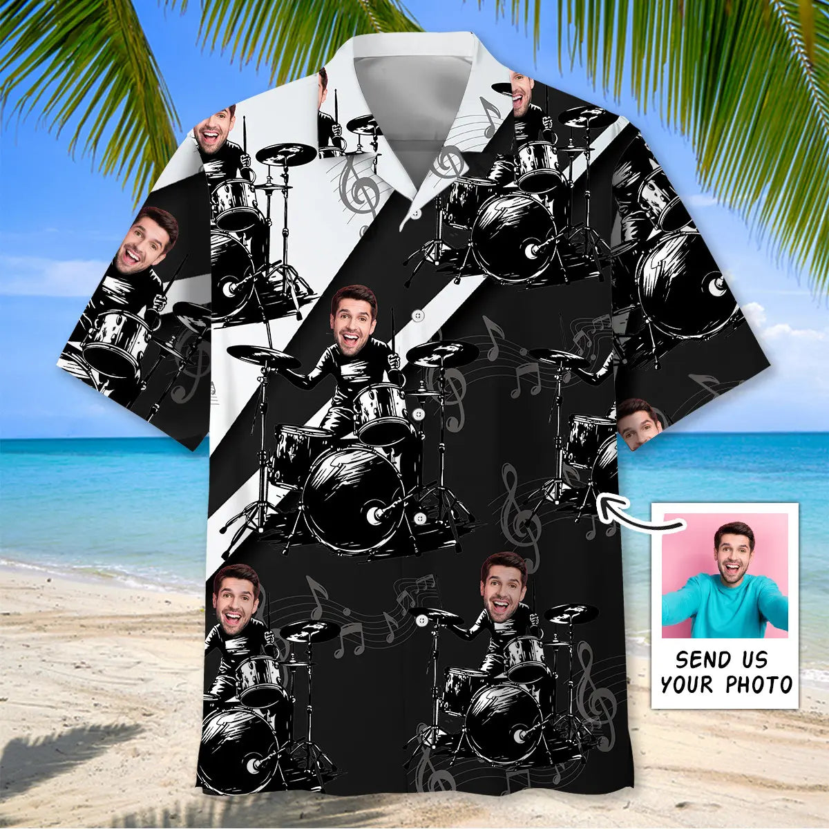Hawaiian Shirt / Adults / S Funny Black And White Custom Photo Face Drum Hawaiian Shirt