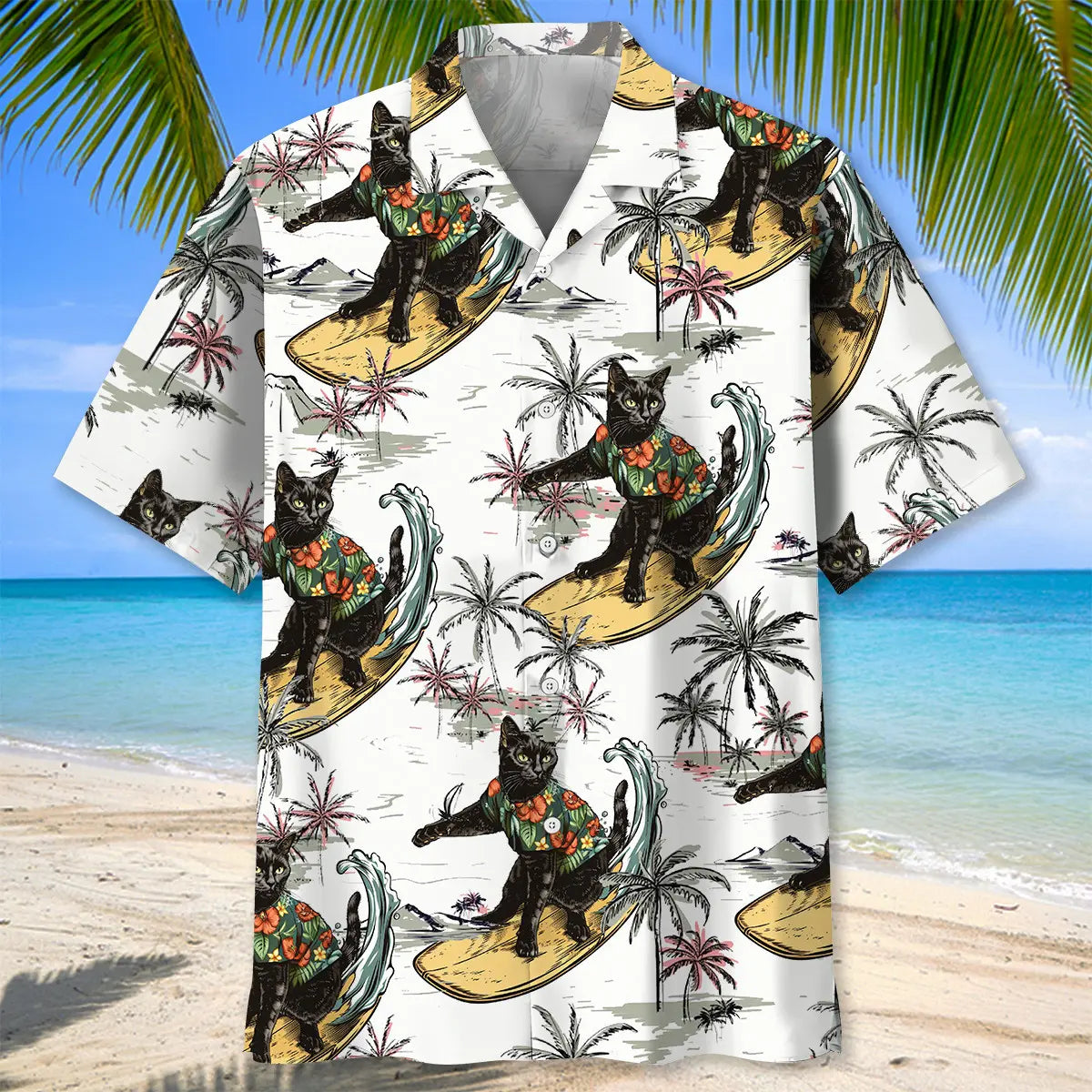 Funny Black Cat Surfing Hawaiian Shirt