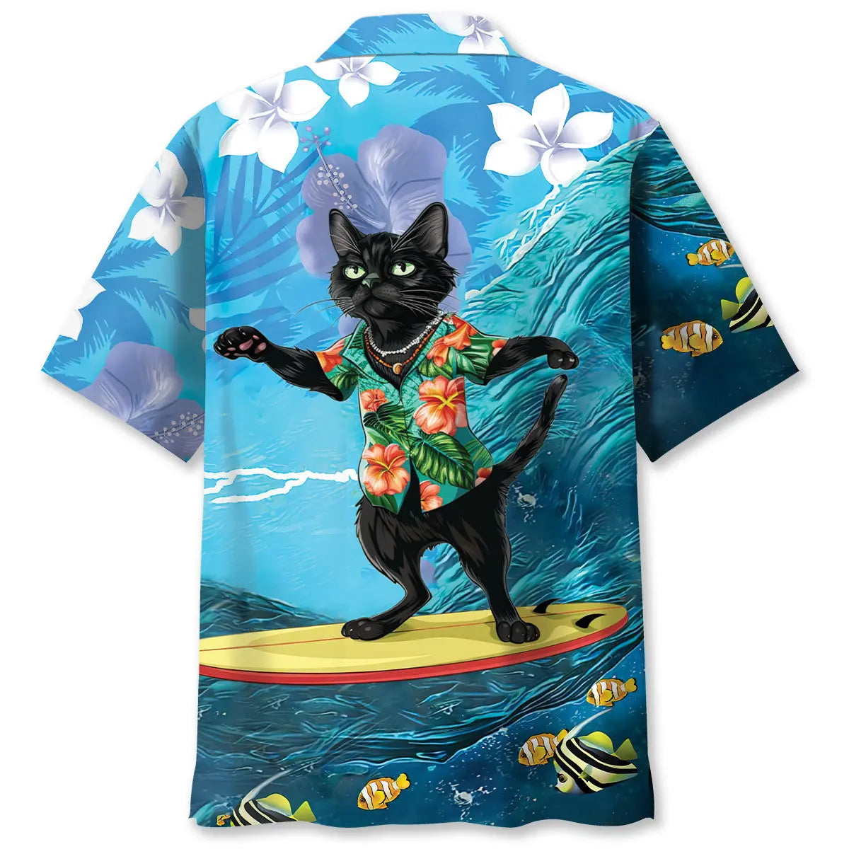 Funny Black Cat Surfing Hibiscus Hawaiian Shirt