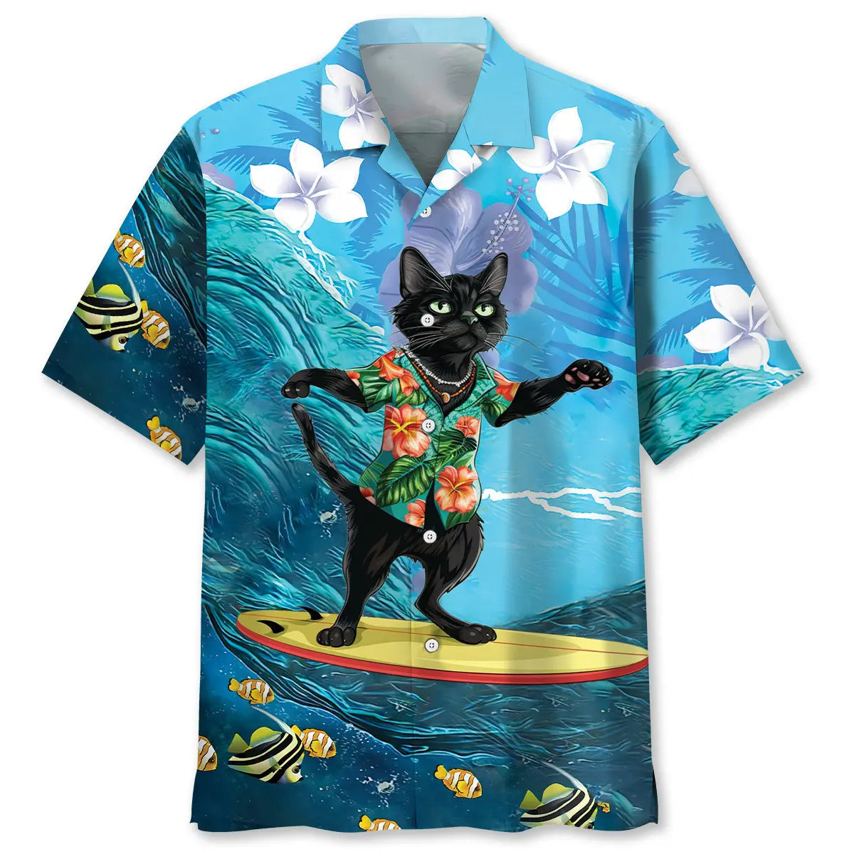 Hawaiian Shirt / Adults / S Funny Black Cat Surfing Hibiscus Hawaiian Shirt
