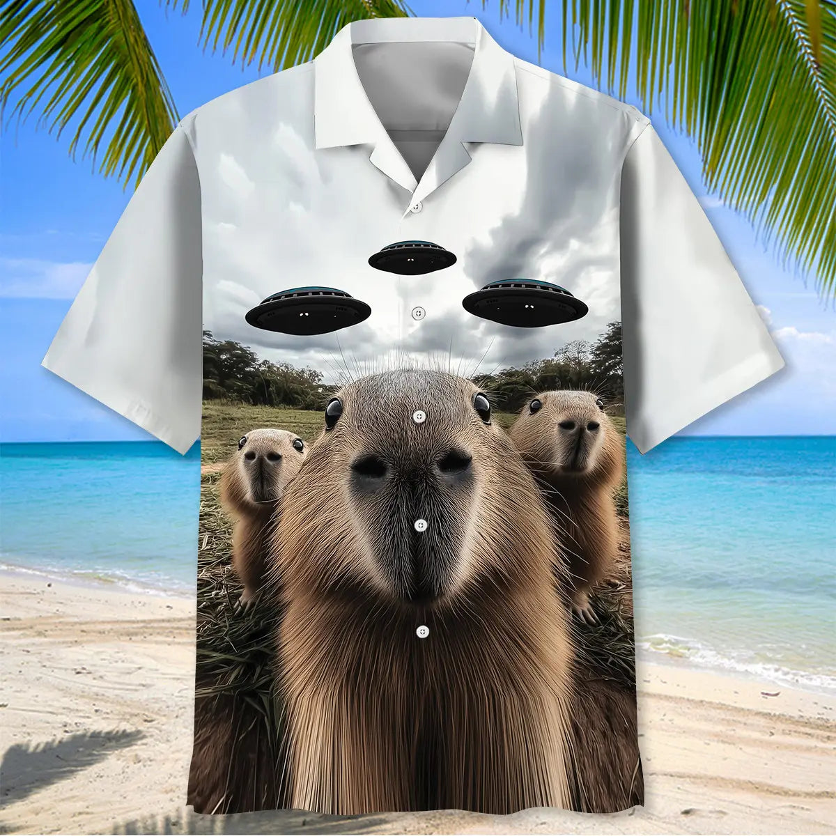 Funny Capybara Selfie with UFOs Weird Hawaiian Shirt