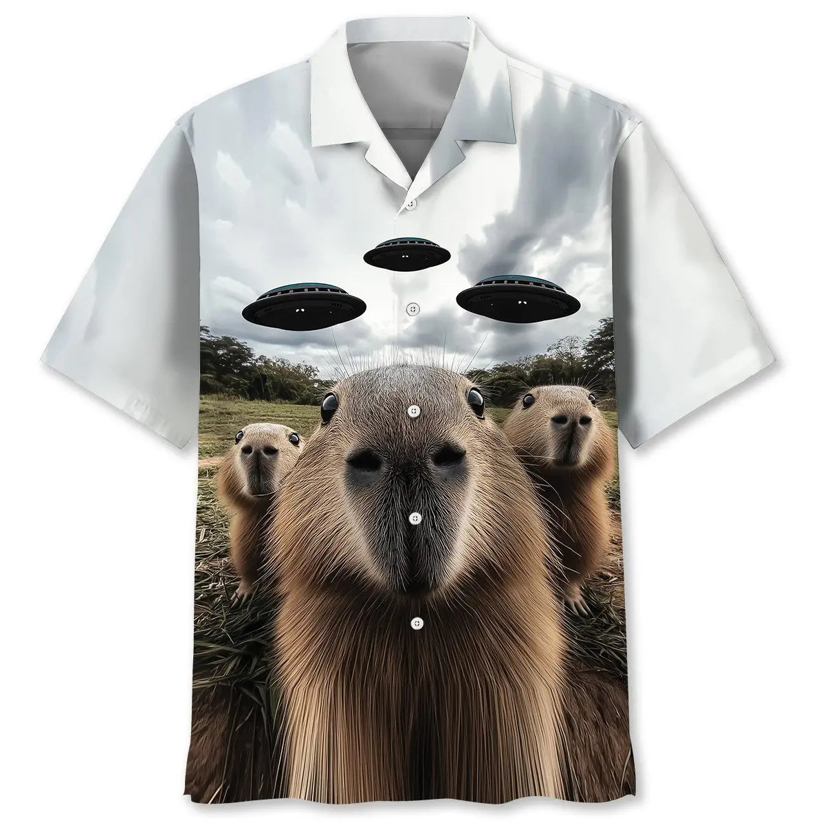 Hawaiian Shirt / Adults / S Funny Capybara Selfie with UFOs Weird Hawaiian Shirt