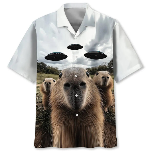 Hawaiian Shirt / Adults / S Funny Capybara Selfie with UFOs Weird Hawaiian Shirt