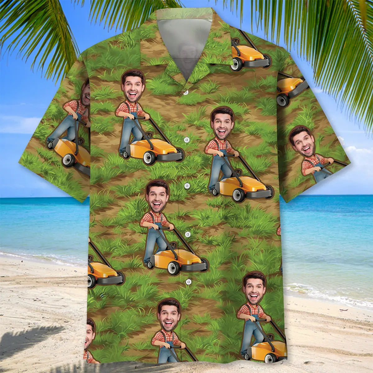 Funny Man Pushing Lawn Mower Custom Photo Face Hawaiian Shirt