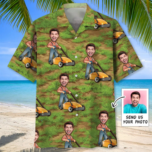 Hawaiian Shirt / Adults / S Funny Man Pushing Lawn Mower Custom Photo Face Hawaiian Shirt