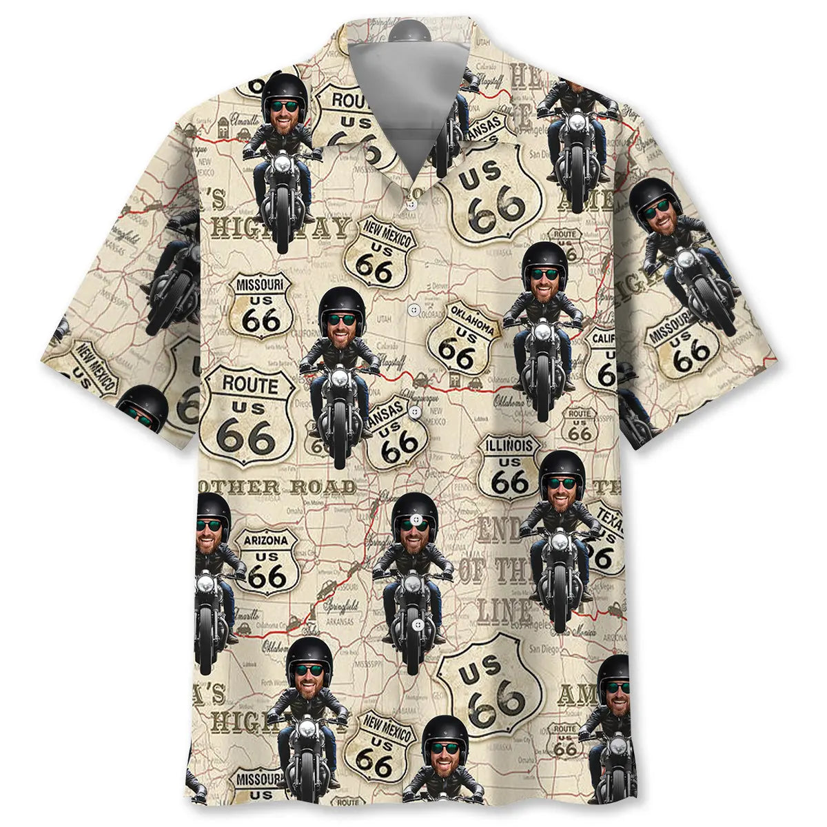 Funny Motorcycle Route 66 Custom Photo Face Hawaiian Shirt
