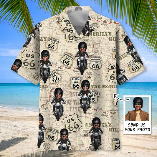 Hawaiian Shirt / Adults / S Funny Motorcycle Route 66 Custom Photo Face Hawaiian Shirt