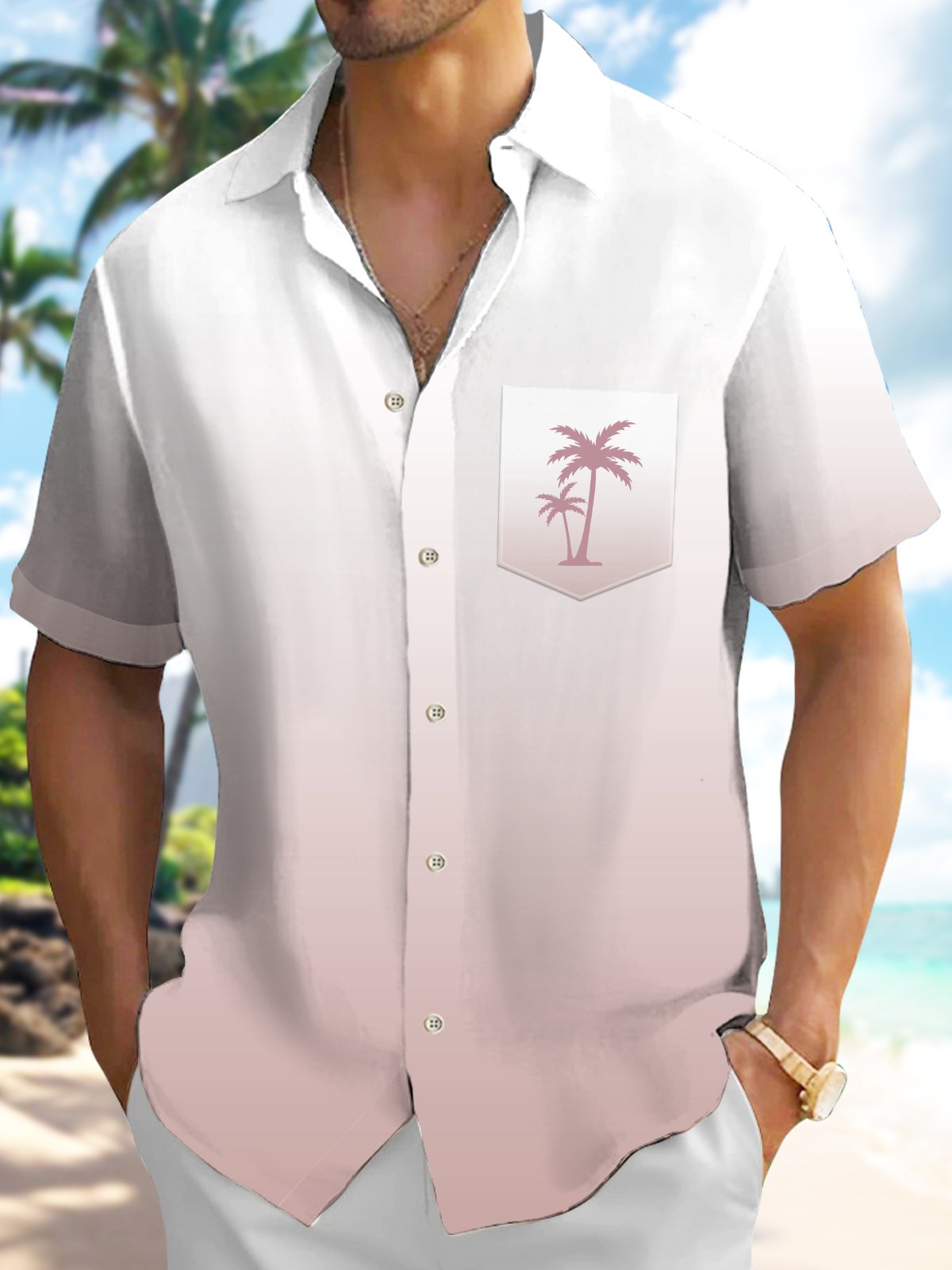 Gradient Solid Color Basic Hawaiian Coconut Tree Vacation Hawaiian Shirt
