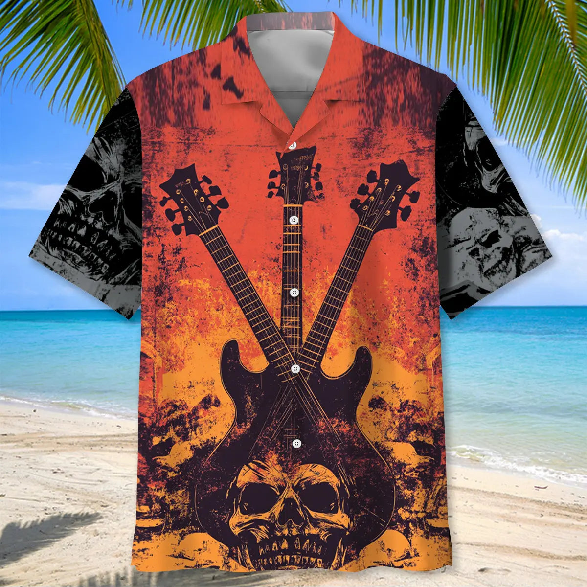 Guitar Crossed Skull Rock n Roll Hawaiian Shirt