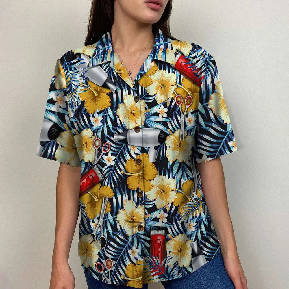 Hairstylist Unisex Hawaiian Shirt Aloha Shirt Summer Vibe with flower and tools pattern