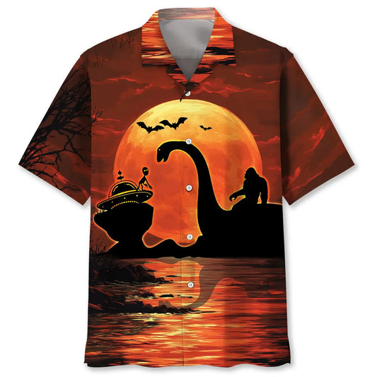 Hawaiian Shirt / Adults / S Halloween Bigfoot Riding on Lochness Monster and Alien Hawaiian Shirt