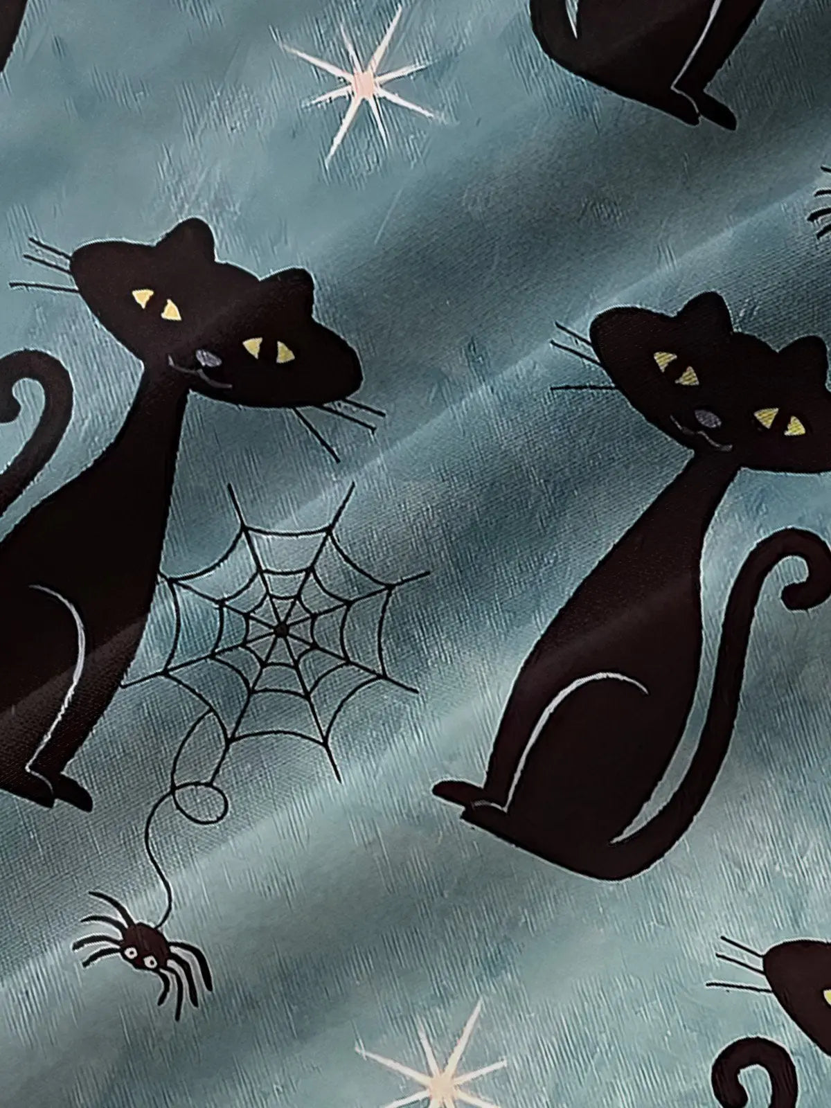 Halloween Light Blue Black Cat Men's Hawaiian Shirts Spider Web Cartoon Fun Stretch Aloha Camp Button Shirts