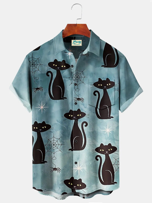 Hawaiian Shirt / Adults / S Halloween Light Blue Black Cat Men's Hawaiian Shirts Spider Web Cartoon Fun Stretch Aloha Camp Button Shirts