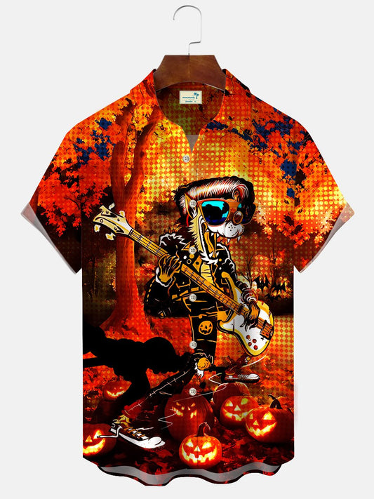 Hawaiian Shirt / Adults / S Halloween Pumpkin Guitar Men's Button Button Casual Hawaiian Shirt