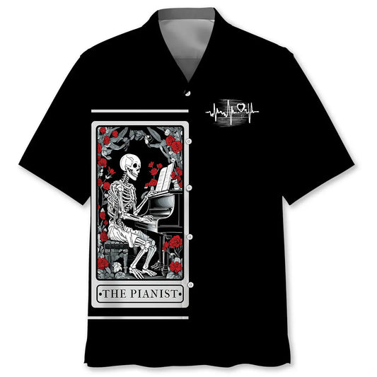Hawaiian Shirt / Adults / S Halloween Skeleton Plays Piano Tarot Card Hawaiian Shirt