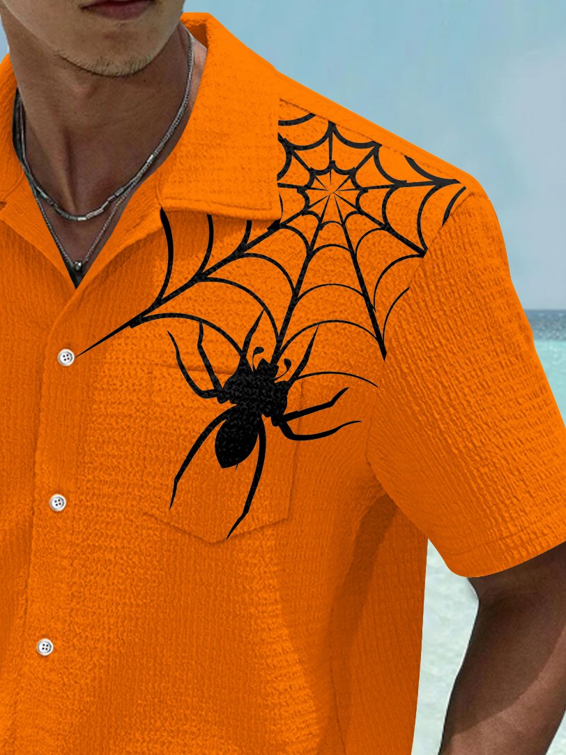 Halloween Spider Print Men's Seersucker Stretch Hawaiian Shirt