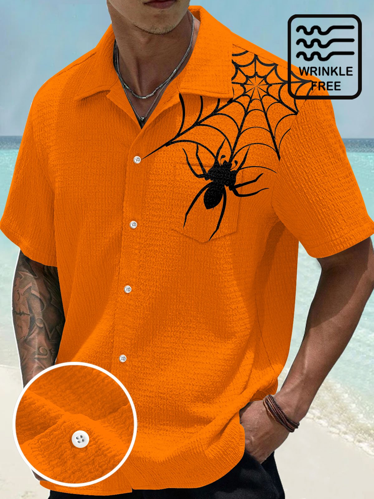 Hawaiian Shirt / Adults / S Halloween Spider Print Men's Seersucker Stretch Hawaiian Shirt