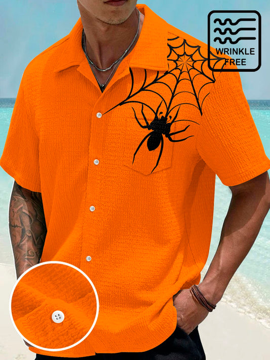 Hawaiian Shirt / Adults / S Halloween Spider Print Men's Seersucker Stretch Hawaiian Shirt