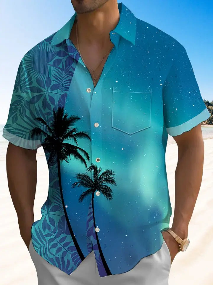 Hawaii Beach Tropical Plant Leaves Flower Aurora Ombre Palm Tree Aloha Hawaiian Shirt