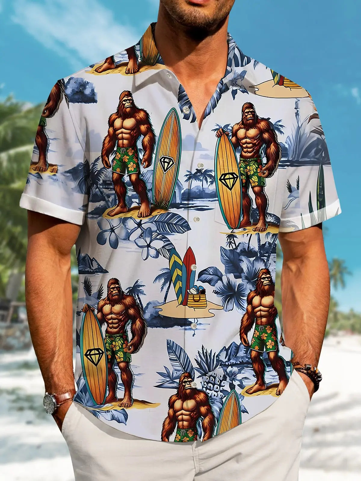 Hawaii Bigfoot Print Art Buttons Stretch Large Size Men's Hawaiian Shirt