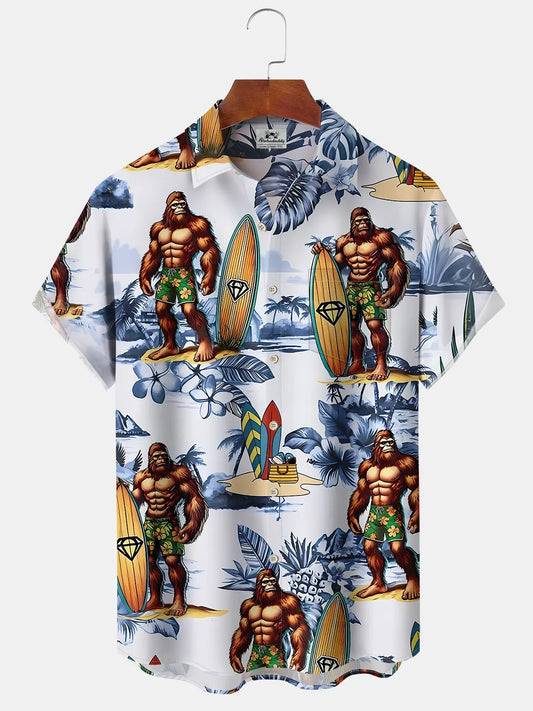 Hawaiian Shirt / Adults / S Hawaii Bigfoot Print Art Buttons Stretch Large Size Men's Hawaiian Shirt