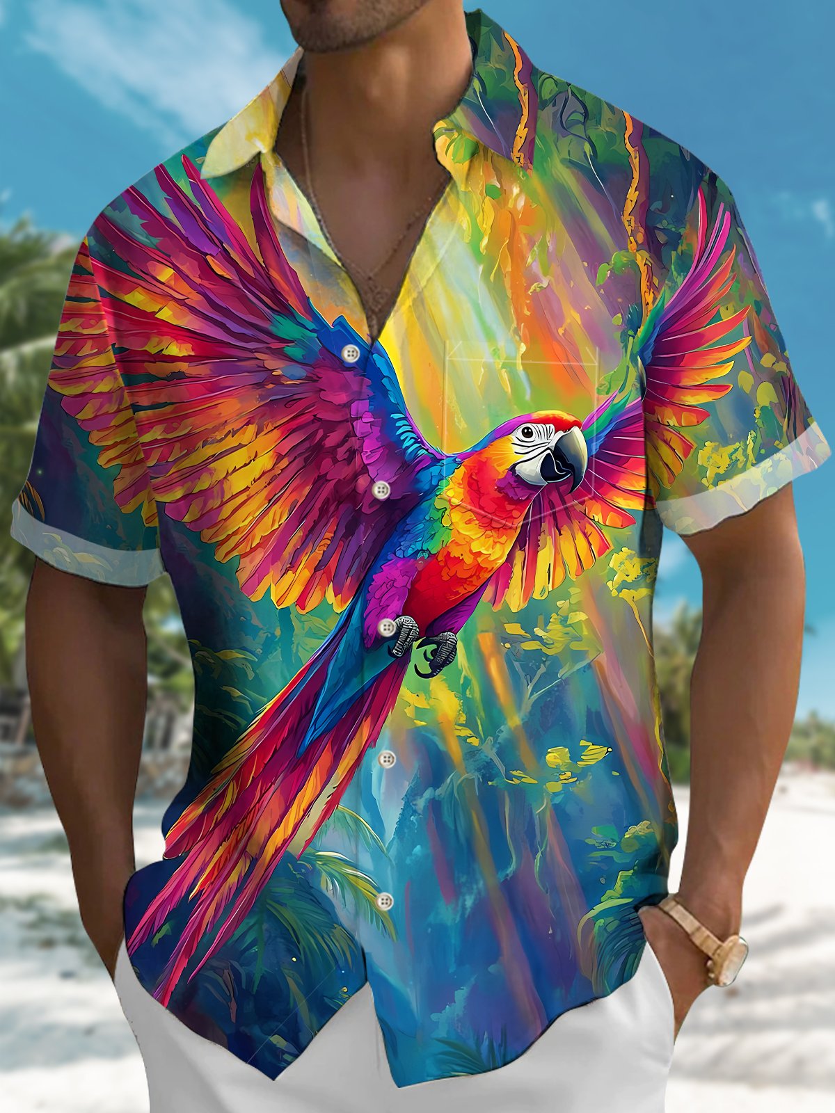 Hawaii Colorful Beach Tropical Leaves Parrot Hawaiian Shirt