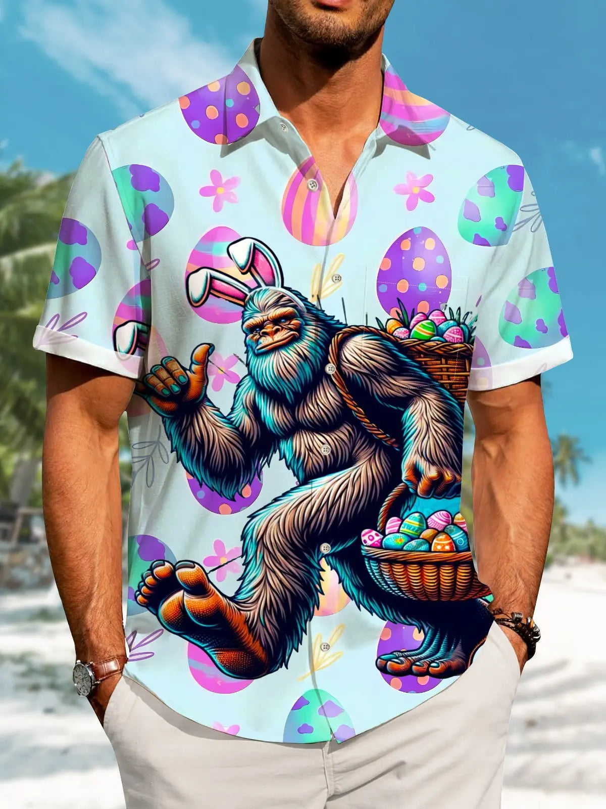 Hawaii Easter Bigfoot Fun Print Art Buttons Stretch Large Size Men's Hawaiian Shirt