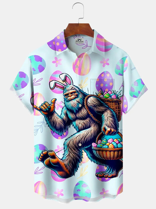 Hawaiian Shirt / Adults / S Hawaii Easter Bigfoot Fun Print Art Buttons Stretch Large Size Men's Hawaiian Shirt