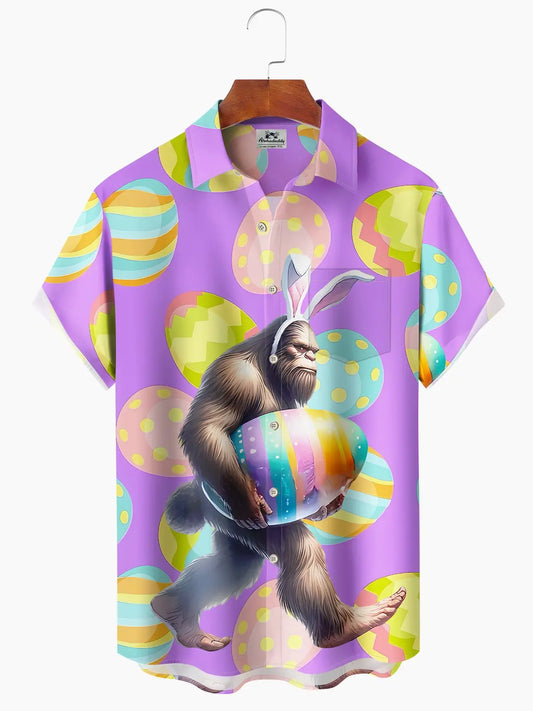 Hawaiian Shirt / Adults / S Hawaii Easter Bigfoot Print Art Buttons Stretch Large Size Men's Hawaiian Shirt