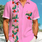 Hawaii Flamingo Plant Contrast Color Stripe Print Art Button Stretch Large Size Men's Hawaiian Shirt