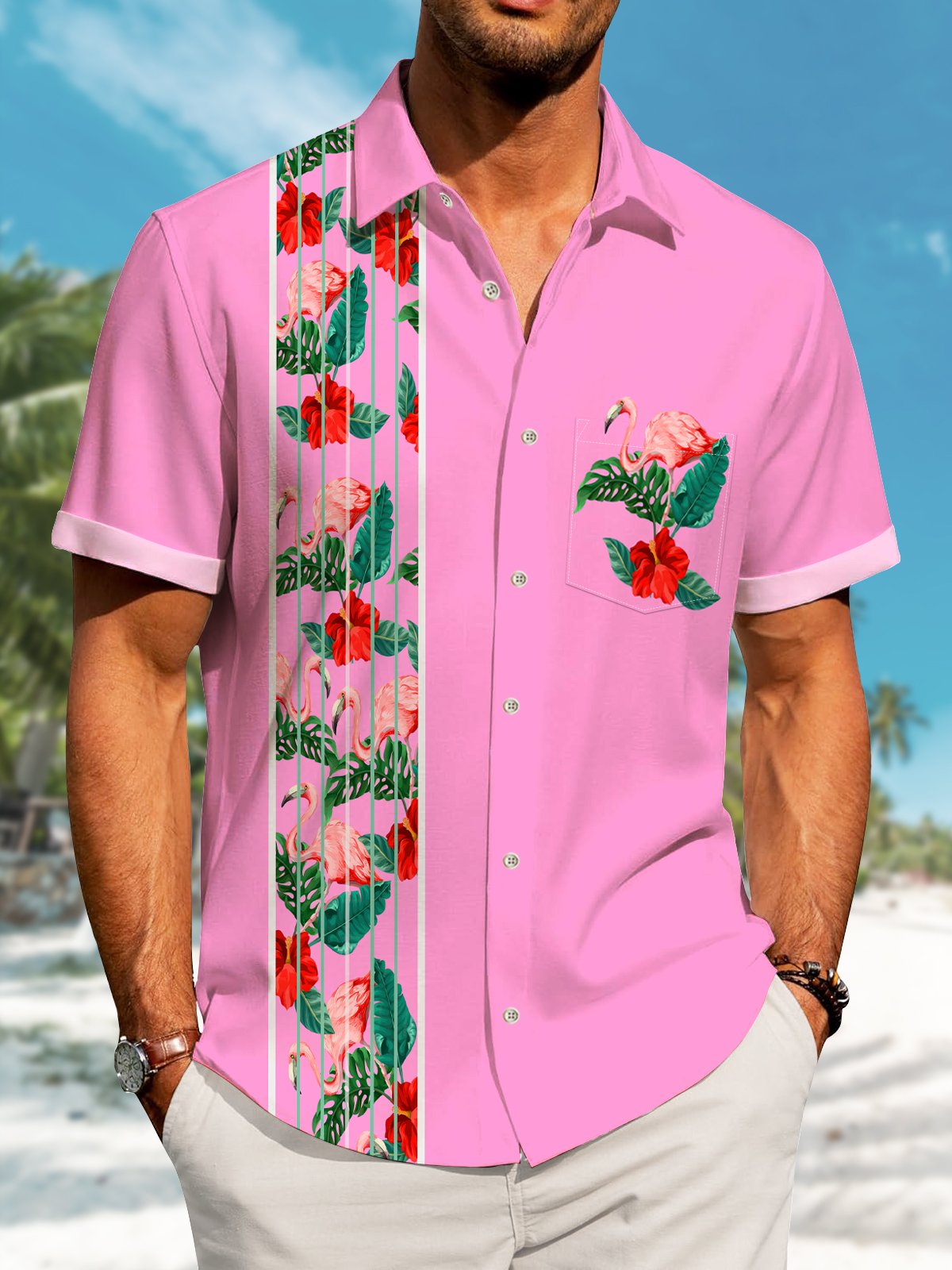 Hawaii Flamingo Plant Contrast Color Stripe Print Art Button Stretch Large Size Men's Hawaiian Shirt