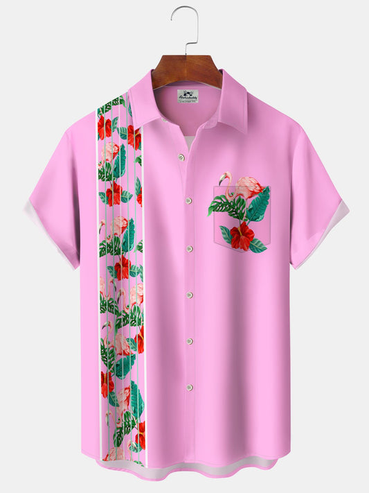 Hawaiian Shirt / Adults / S Hawaii Flamingo Plant Contrast Color Stripe Print Art Button Stretch Large Size Men's Hawaiian Shirt