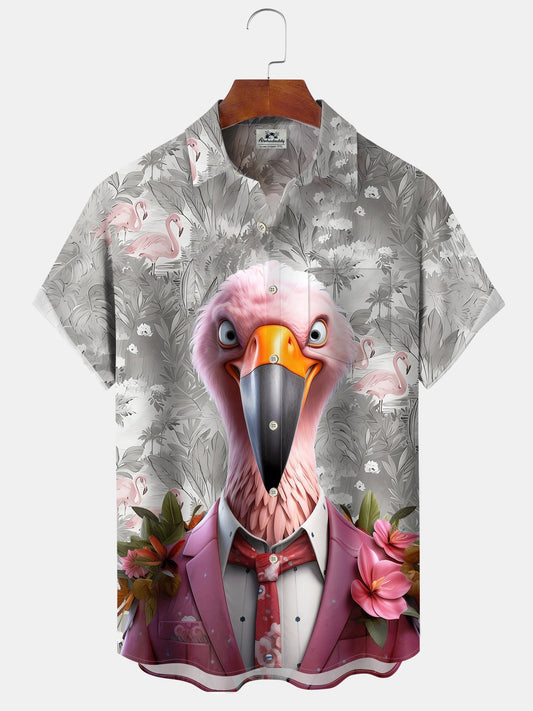 Hawaiian Shirt / Adults / S Hawaii Gentleman Flamingo Print Art Button Stretch Large Size Men's Hawaiian Shirt
