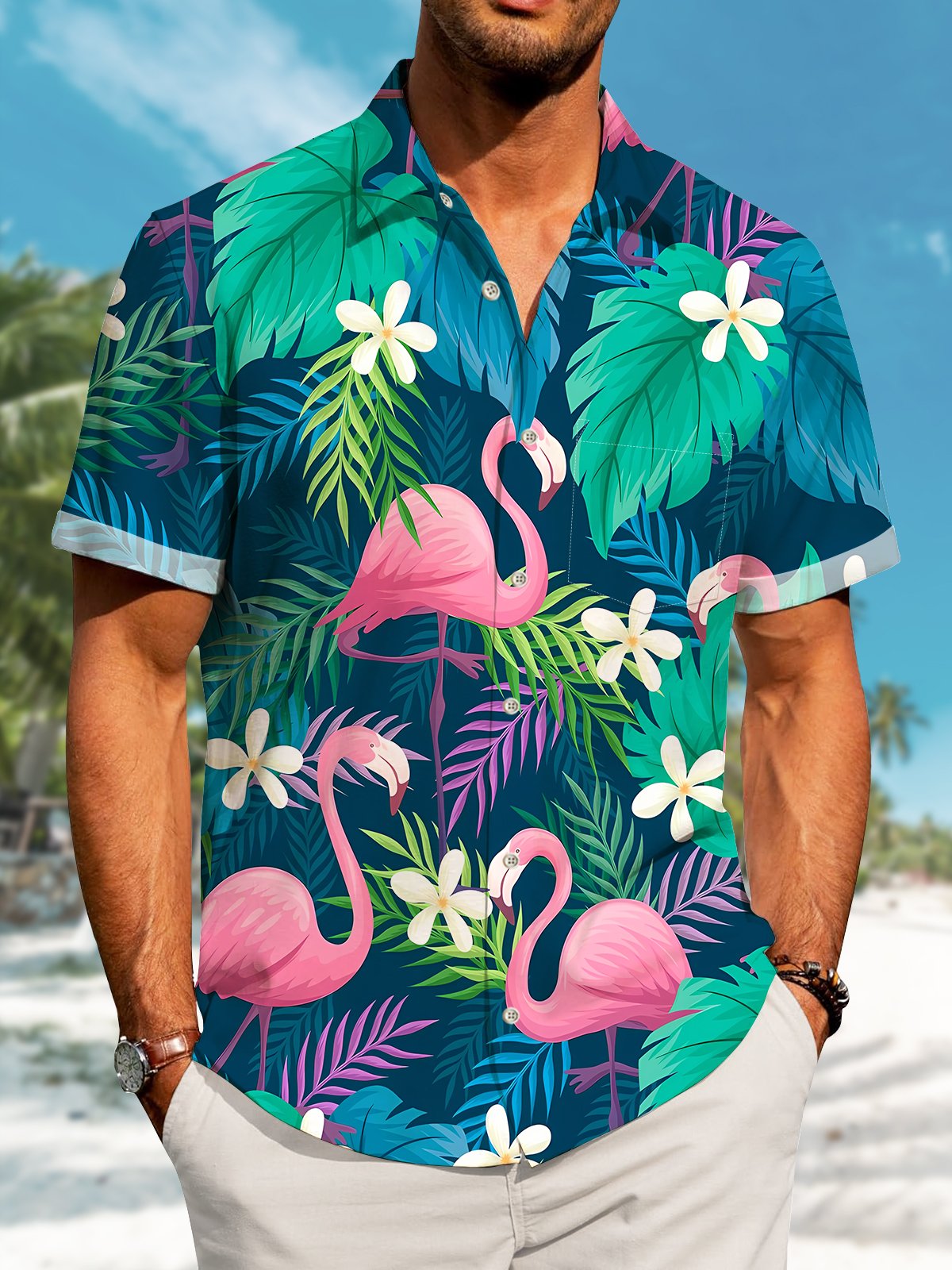 Hawaii Plant Flamingo Print Art Buttons Elastic Large Size Men's Hawaiian Shirt