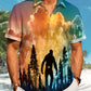 Hawaii Resort Style Bigfoot Silhouette Print Art Buttons Stretch Large Size Men's Hawaiian Shirt
