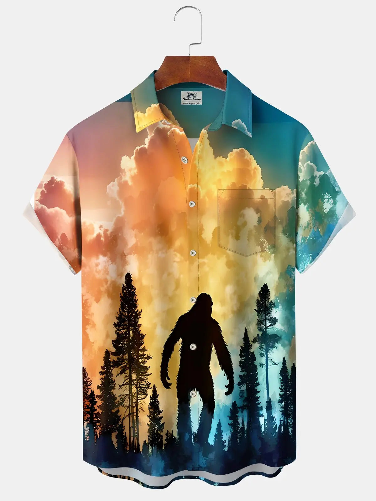 Hawaiian Shirt / Adults / S Hawaii Resort Style Bigfoot Silhouette Print Art Buttons Stretch Large Size Men's Hawaiian Shirt