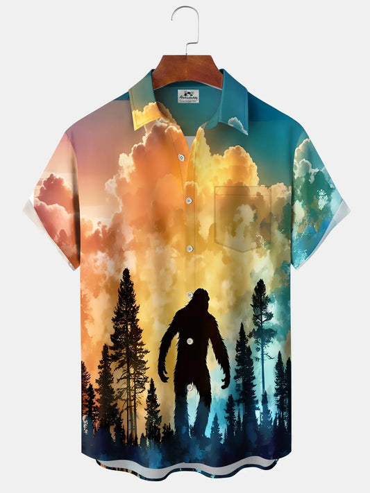 Hawaiian Shirt / Adults / S Hawaii Resort Style Bigfoot Silhouette Print Art Buttons Stretch Large Size Men's Hawaiian Shirt
