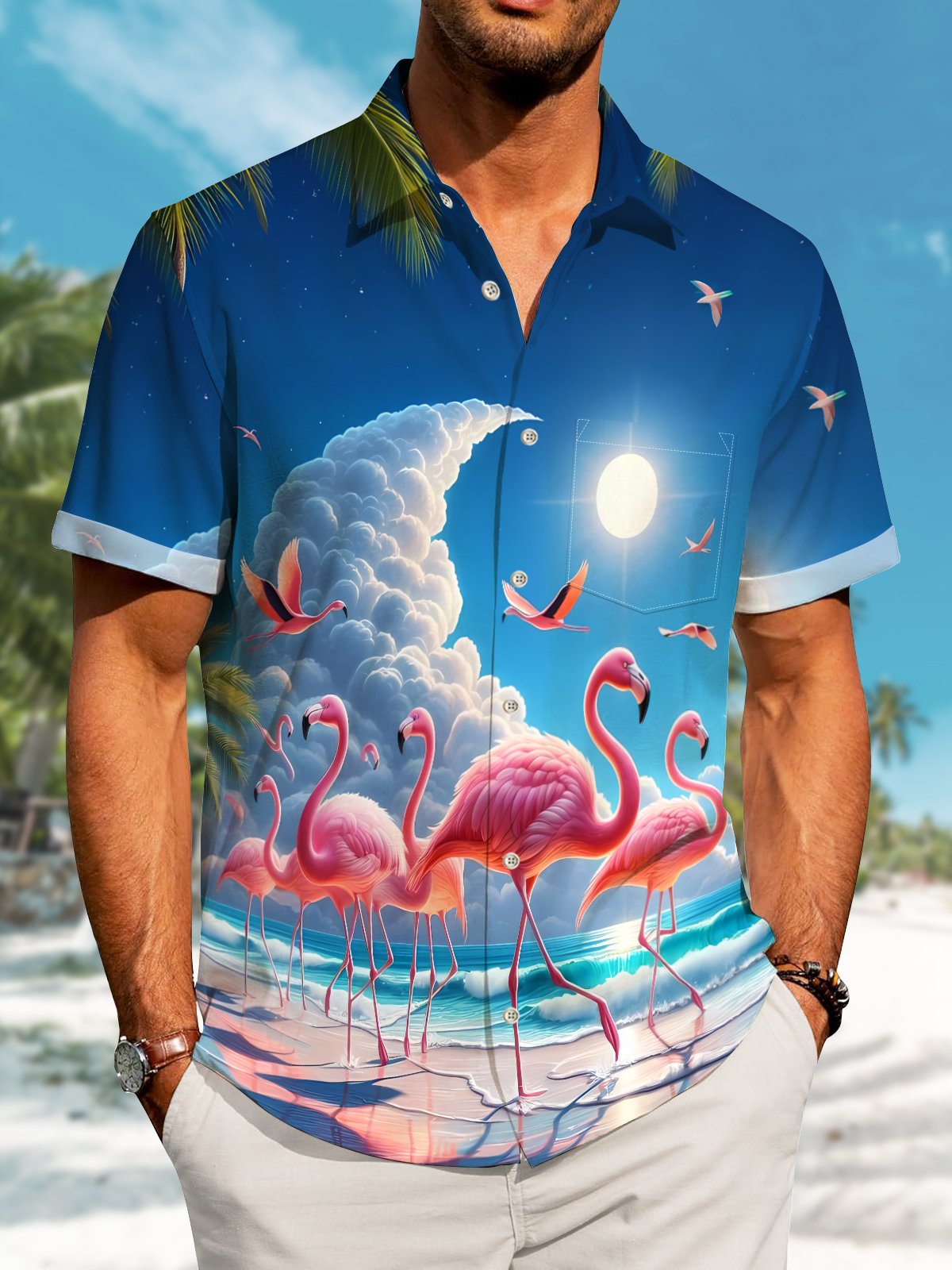 Hawaii Resort Style Flamingo Clouds Print Art Buttons Stretch Large Size Men's Hawaiian Shirt