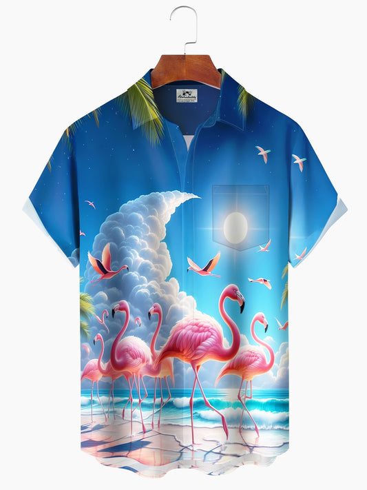 Hawaiian Shirt / Adults / S Hawaii Resort Style Flamingo Clouds Print Art Buttons Stretch Large Size Men's Hawaiian Shirt