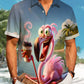 Hawaii Resort Style Flamingo Drinking Coffee Print Art Button Stretch Large Size Men's Hawaiian Shirt