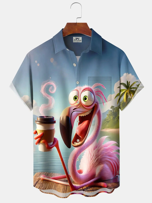 Hawaiian Shirt / Adults / S Hawaii Resort Style Flamingo Drinking Coffee Print Art Button Stretch Large Size Men's Hawaiian Shirt
