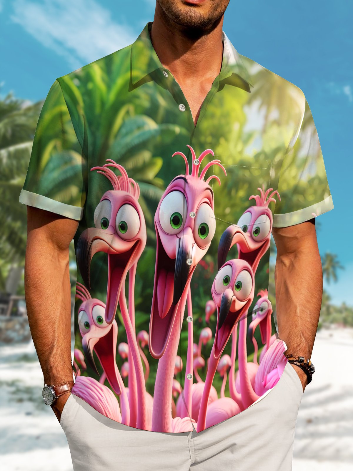 Hawaii Resort Style Graffiti Flamingo Print Art Buttons Stretch Large Size Men's Hawaiian Shirt
