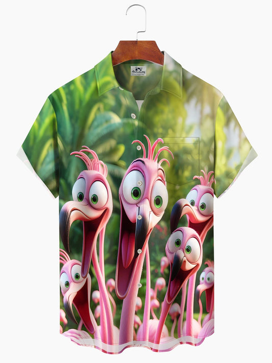 Hawaiian Shirt / Adults / S Hawaii Resort Style Graffiti Flamingo Print Art Buttons Stretch Large Size Men's Hawaiian Shirt